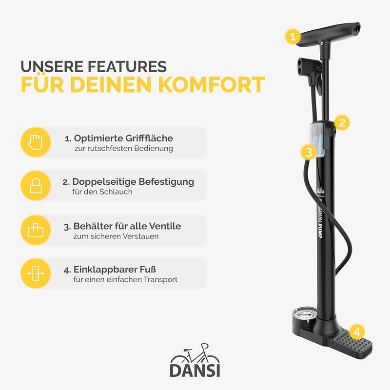 Dansi Bike Floor Pump with Gauge, Floor Bicycle Pump with Both Presta and Schrader Bicycle Pumps Valves High Pressure 180Psi Multi-Purpose Portable Air Pump for Road Bike MTB Sports Balls - Image 5